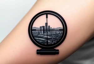 scope crosshairs with eerie Los Angeles city horizon in background tattoo idea