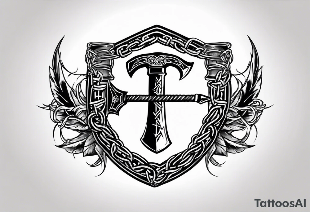 Valhalla round shield axe barbed wire chains tattoo idea