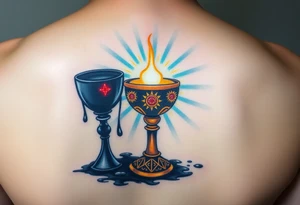 holy grail, glowing with soft blues and golds, surrounded by soft rays of light, standind next to a dark chalice, dripping black liquid, with red glowing symbols tattoo idea