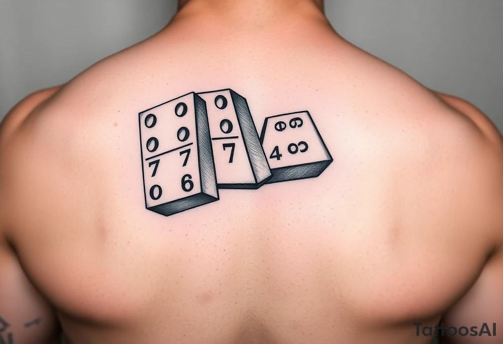 Three realistic domino tiles falling onto each other , showing the pips numbers 8, 7, and 6. tattoo idea