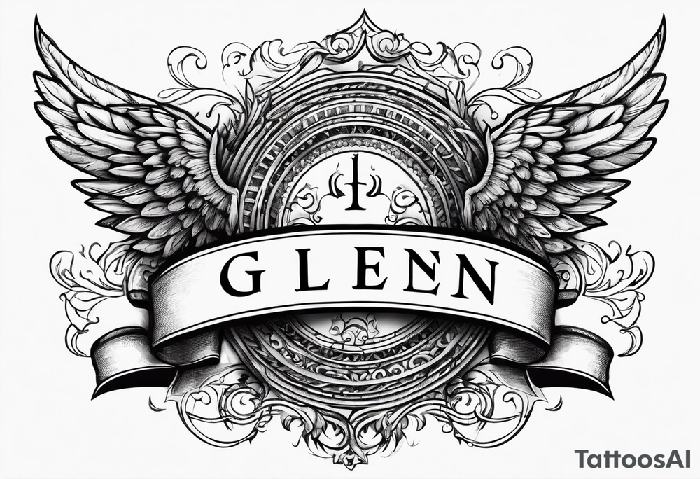 The word Glenn on a banner with angel Wings tattoo idea