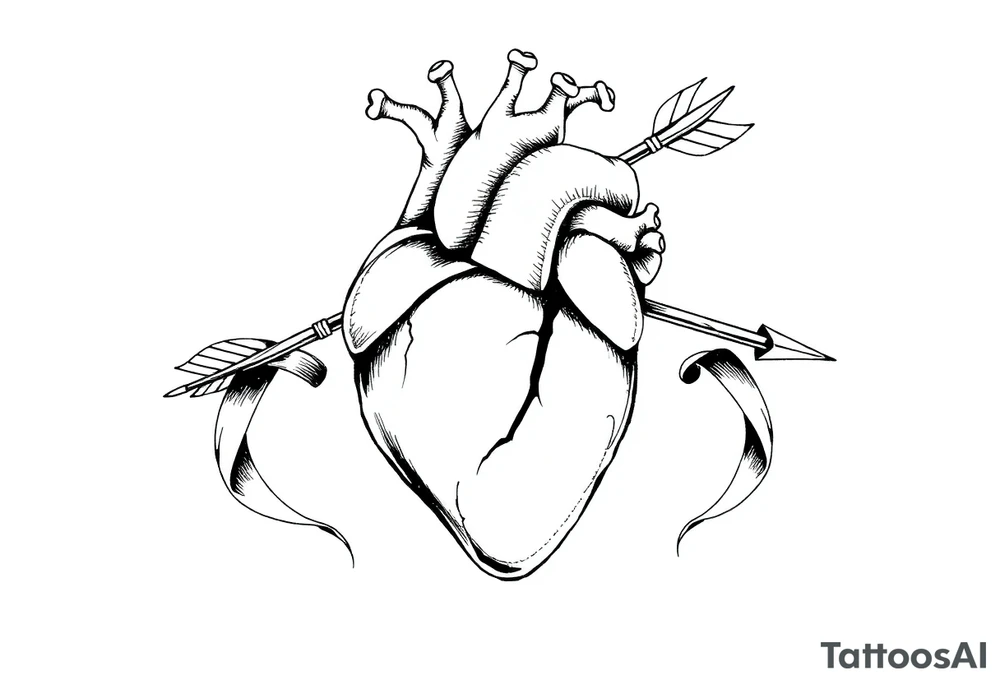 anatomical heart pierced by ornate arrow with flowing ribbons tattoo idea