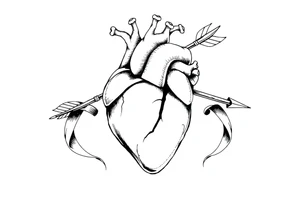 anatomical heart pierced by ornate arrow with flowing ribbons tattoo idea