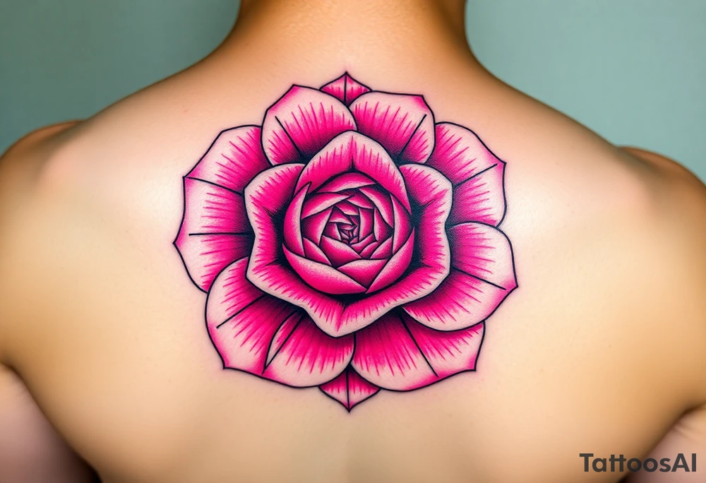 The pink rose appears as if viewed through a mesmerizing kaleidoscope, with its delicate petals radiating outward in a perfectly symmetrical, fractal-like pattern. Shades of soft blush and vibrant magenta blend seamlessly, creating a hypnotic, almost surreal visual effect that draws the eye deeper into its intricate layers. The petals seem to fold and reflect infinitely, forming geometric shapes that shift and transform, giving the rose an ethereal, dreamlike quality on a hand tattoo tattoo idea