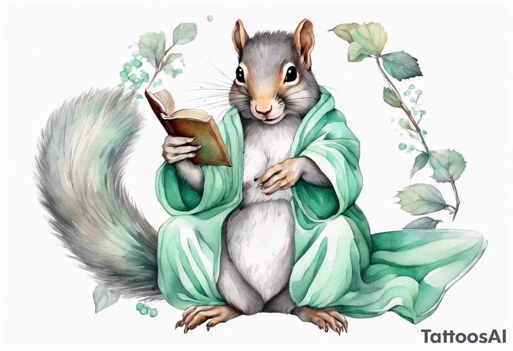 a grey squirrel with long feminine hair and a mint and grey robe, holding a magic book tattoo idea