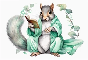 a grey squirrel with long feminine hair and a mint and grey robe, holding a magic book tattoo idea