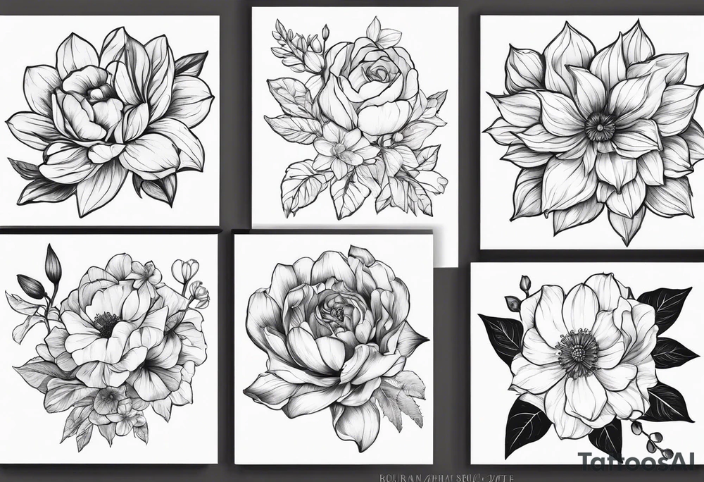 Birth flowers for April, June, July, September, October in a bouquet tattoo idea
