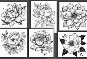 Birth flowers for April, June, July, September, October in a bouquet tattoo idea