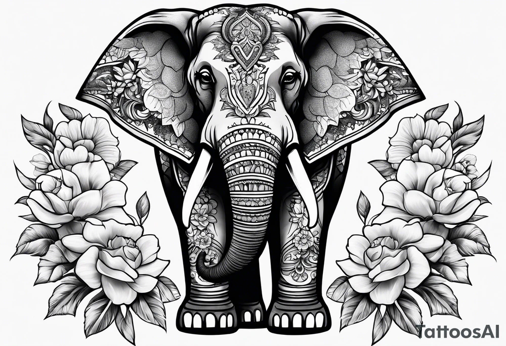 Elephant and flowers tattoo idea