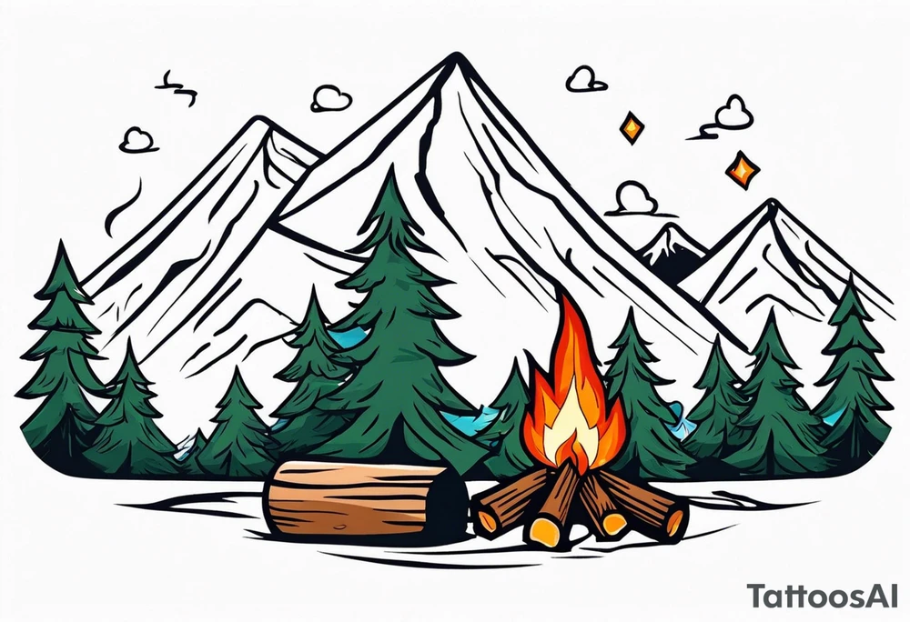 Small campfire in the center, right side: an evergreen tall tree, left side: mountain stream tattoo idea