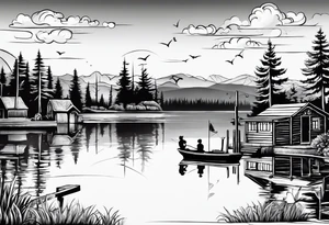 forearm tattoo set on a lake. At the bottom of the tattoo there is a boat dock with a little boy fishing and a little girl reading. There are trees surrounding the lake. tattoo idea