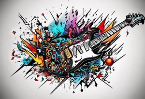 Create a unique tattoo design inspired by my passion for the electric guitar and video games. It could be an abstract representation of musical notes and pixel graphics. tattoo idea