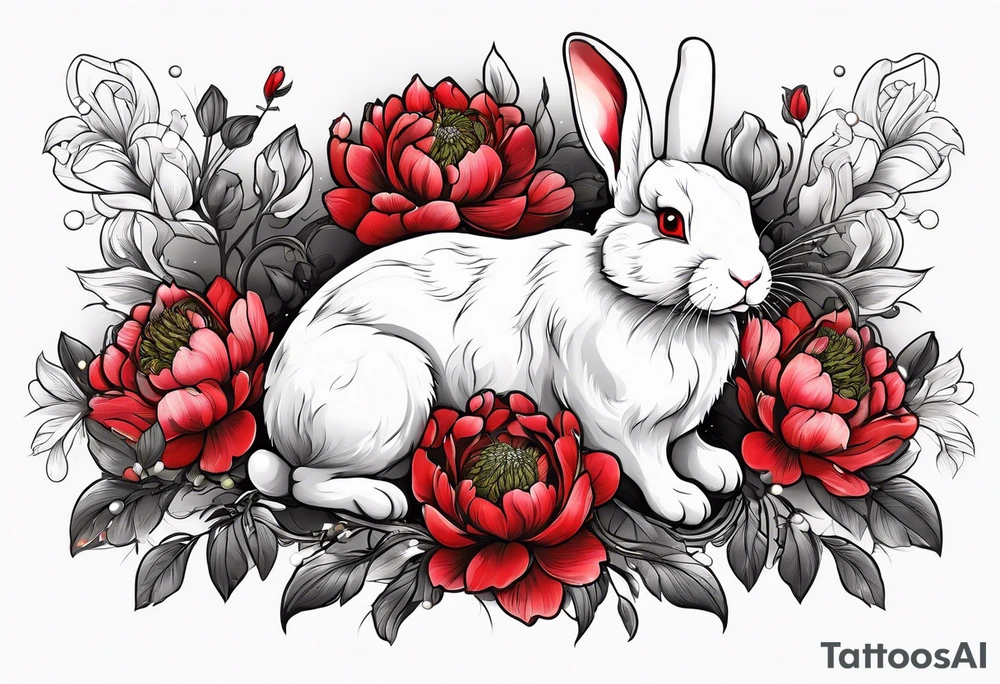 Rabbit on Red peony with dangling pearl necklace tattoo idea