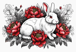 Rabbit on Red peony with dangling pearl necklace tattoo idea