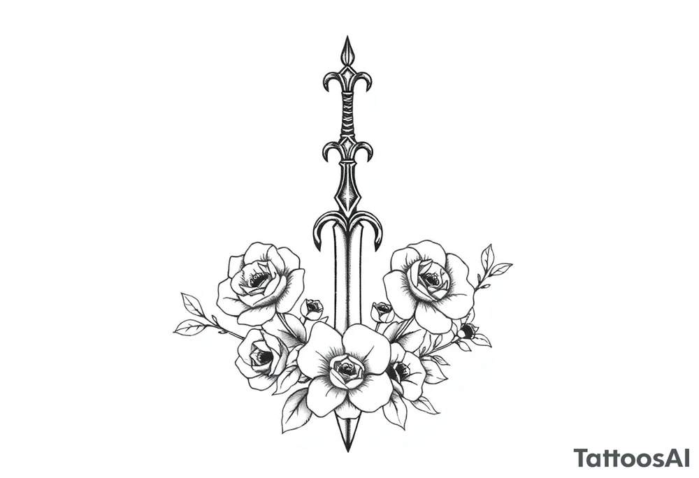 Tatuagem com traços finos inspirada nos livros da autora Sarah J Maas: trono de vidro e corte de espinhos e rosas que represente a espada de Aelin e com flores ao redor tattoo idea