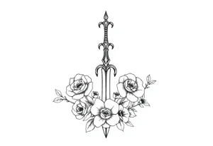 Tatuagem com traços finos inspirada nos livros da autora Sarah J Maas: trono de vidro e corte de espinhos e rosas que represente a espada de Aelin e com flores ao redor tattoo idea