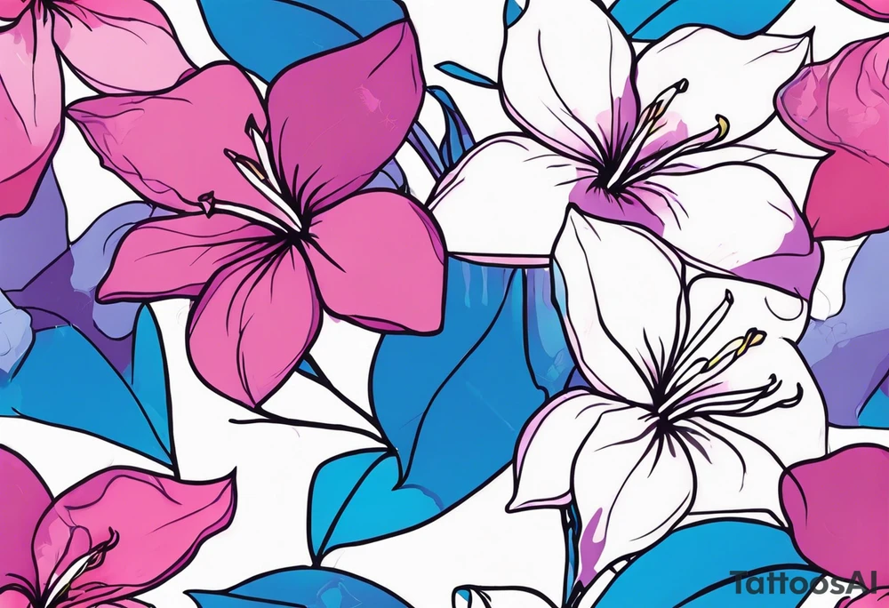 brushstroke abstract pink, purple, and blue mandevilla flowers on a vine, with color leaking out into the background. SOme of the flowers should be full color, and some just linework. It should have a handdrawn, sketch feel. tattoo idea