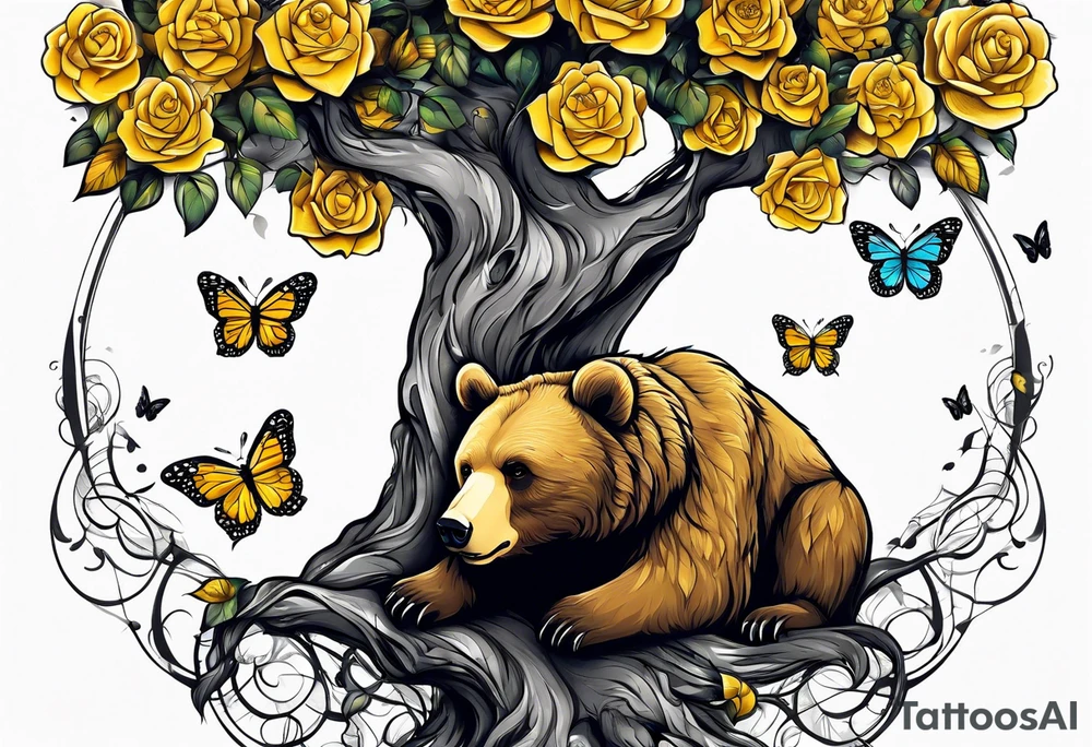Bear under the tree of life with yellow roses and three butterflies for an upper arm tattoo. tattoo idea