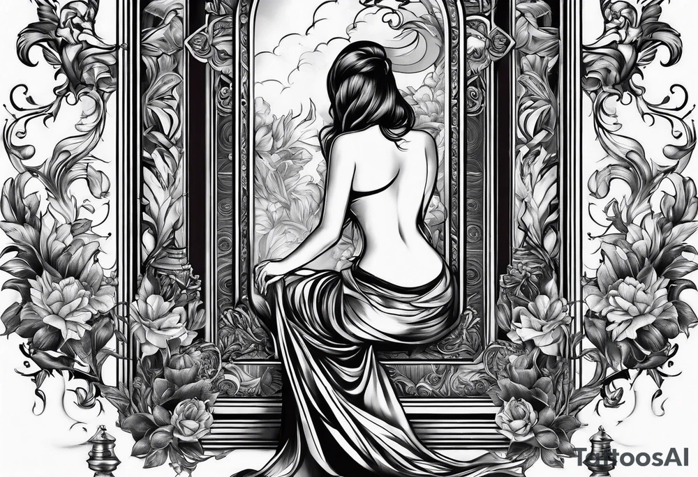 Someone sitting infront of a standing big mirror tattoo idea