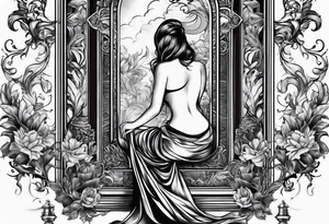 Someone sitting infront of a standing big mirror tattoo idea