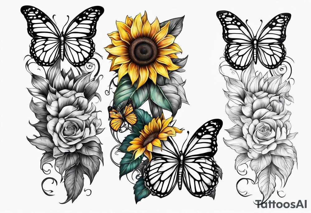 Sunflower and butterfly leg sleeve tattoo idea