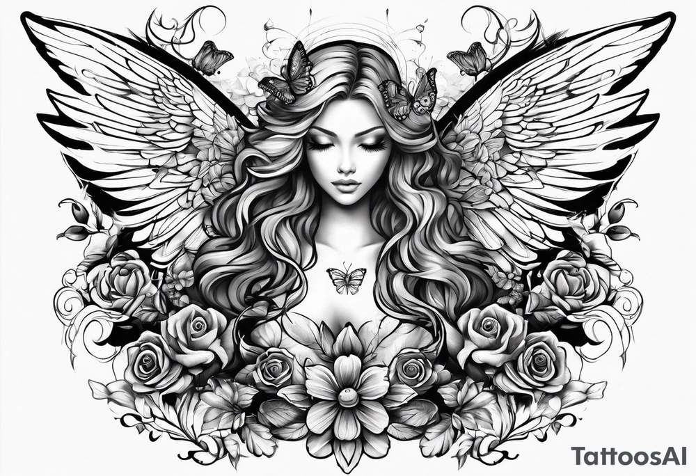 Angel wings and butterfly in the middle tattoo idea