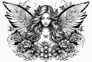 Angel wings and butterfly in the middle tattoo idea