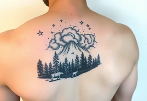 stars in the cloud with a stormy view with a forrest with animals tattoo idea