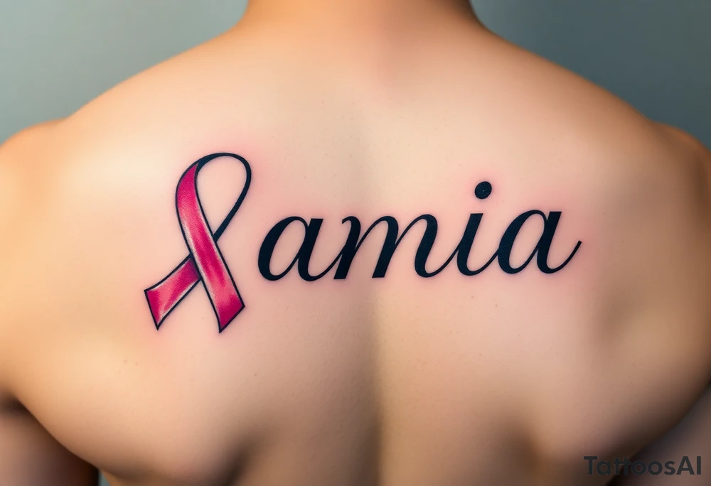 The name Samia. With a breast cancer (in pink) ribbon flowing off the last a. tattoo idea