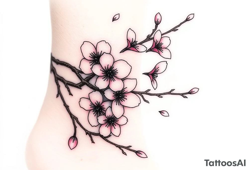 delicate cherry blossoms swirling in spring breeze with petals tattoo idea