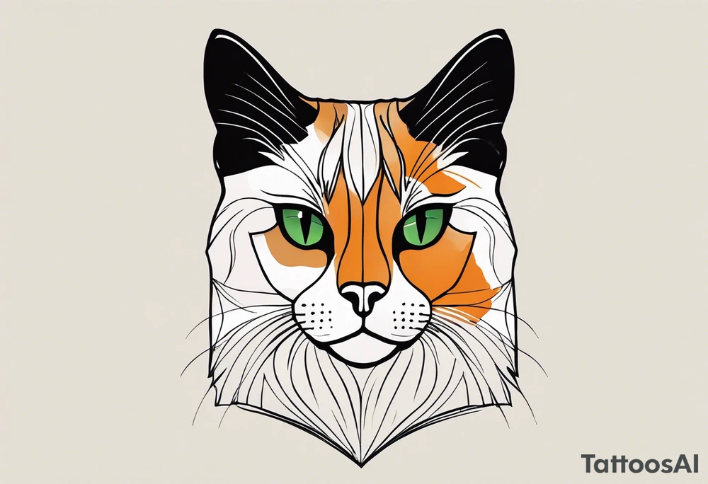 A detailed tattoo design of a tortoiseshell cat, emphasizing its distinct black, orange, and brown fur patterns in a stylized, illustrative manner. The cat's face is turned slightly upwards, with piercing green eyes that are accentuated for a bold, captivating look. Fine details such as the delicate whiskers, sharp ears, and subtle fur texture are highlighted. The background is minimal, perhaps incorporating abstract geometric shapes or soft shading to keep the focus on the cat's striking features. The overall design should be bold yet elegant, with clean lines and intricate shading that brings the cat to life in a timeless, artistic tattoo style tattoo idea