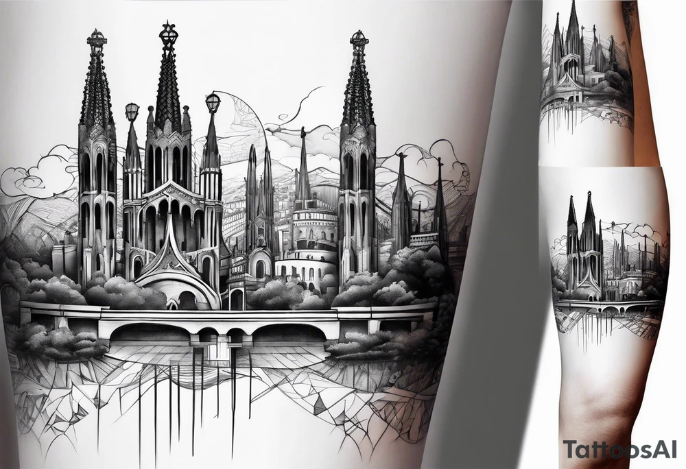 Barcelona skyline leg sleeve tattoo idea