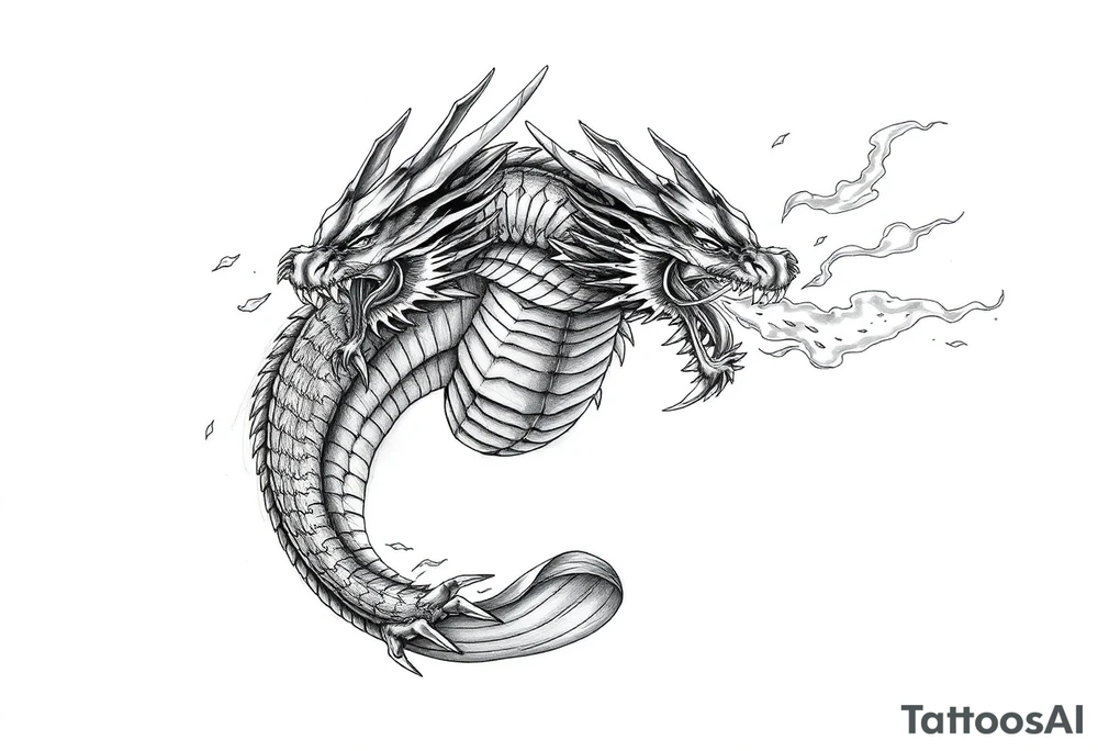 fierce dragon breathing iridescent fire against stormy skies tattoo idea