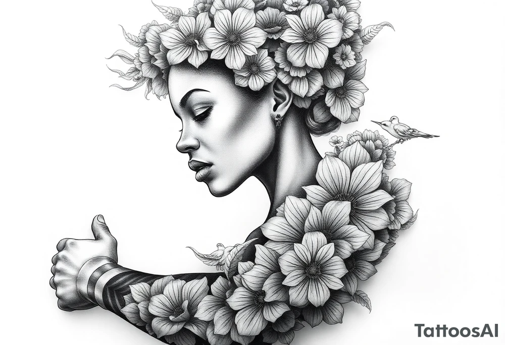 Elaborate drawing of a black woman made up of flowers and clouds. tattoo idea