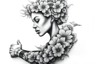 Elaborate drawing of a black woman made up of flowers and clouds. tattoo idea