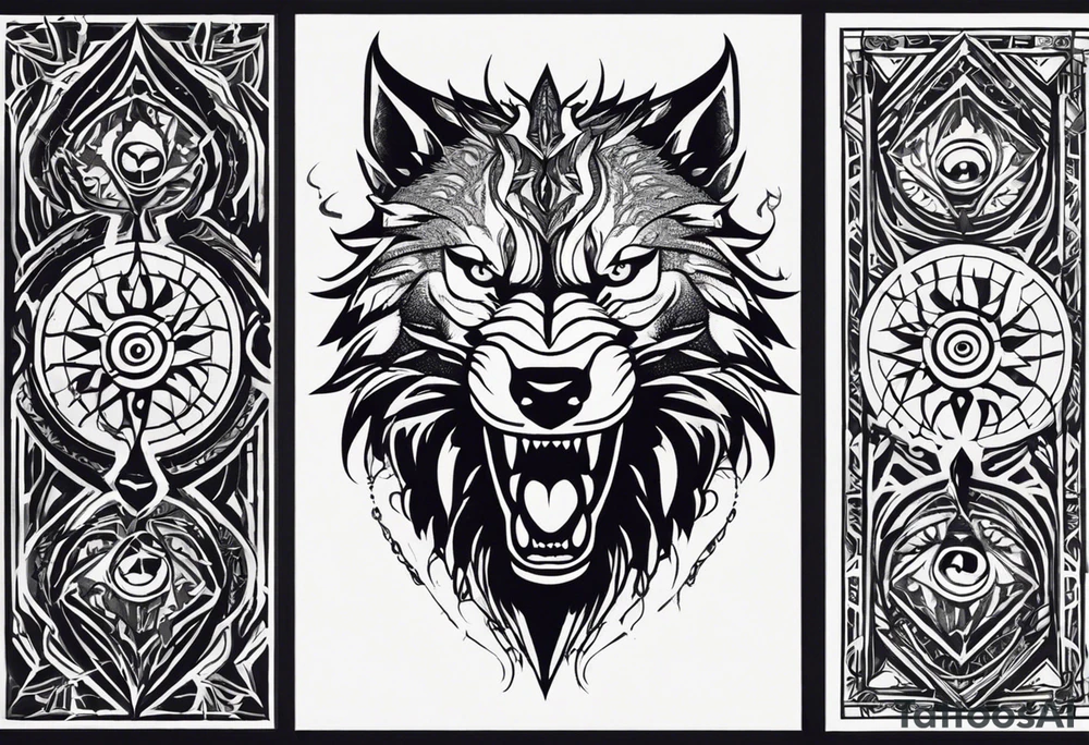 A tattoo designed for the knee, featuring the face of a feral beast with wild, exaggerated features, such as sharp fangs, intense eyes, and a snarling expression. The design incorporates large areas of white space for contrast, with beams of light or energy radiating outward from the beast’s eyes in a chaotic and powerful pattern. The overall look should be bold and primal, with flowing lines that adapt naturally to the curvature of the knee. tattoo idea