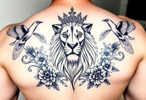 powerful majestic lion with a crown, surrounded by floral ornaments and birds tattoo idea