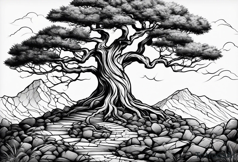 Tree growing out of stone with roots creating cracks tattoo idea