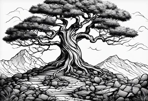 Tree growing out of stone with roots creating cracks tattoo idea