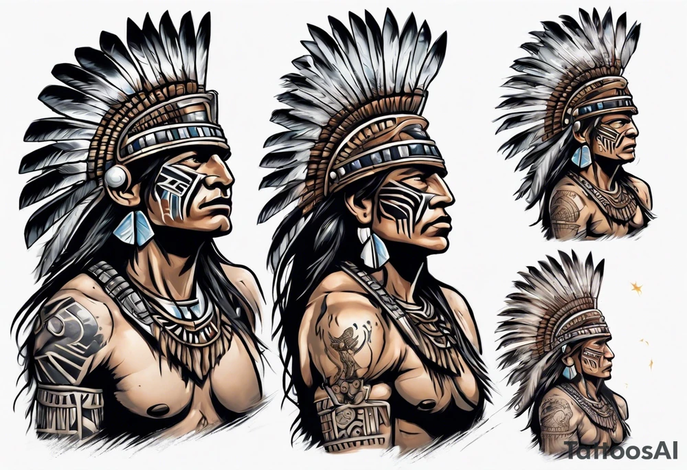 a heartbroken, tired, aztec warrior seeking peace after fighting for decades kneeling under the moonlight looking up to the sky tattoo idea