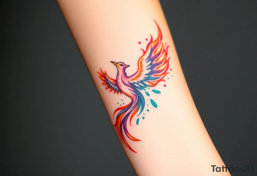 Phoenix in flames with purple, blue, orange, teal and green splashes, looking upwards tattoo idea