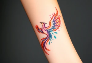 Phoenix in flames with purple, blue, orange, teal and green splashes, looking upwards tattoo idea