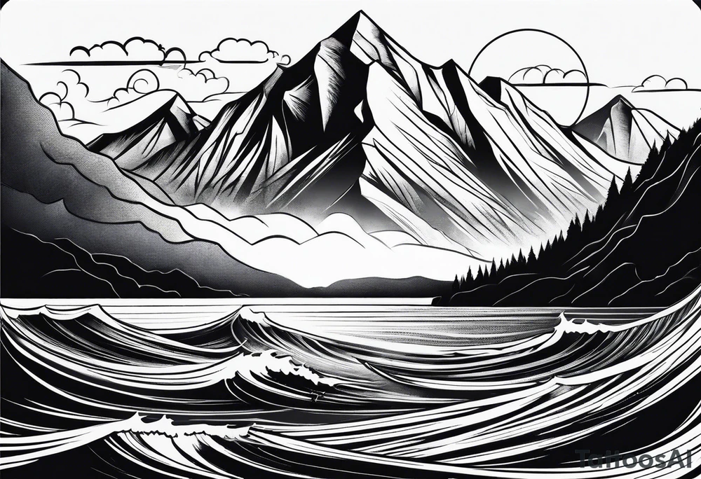 Mountains and ocean waves tattoo idea