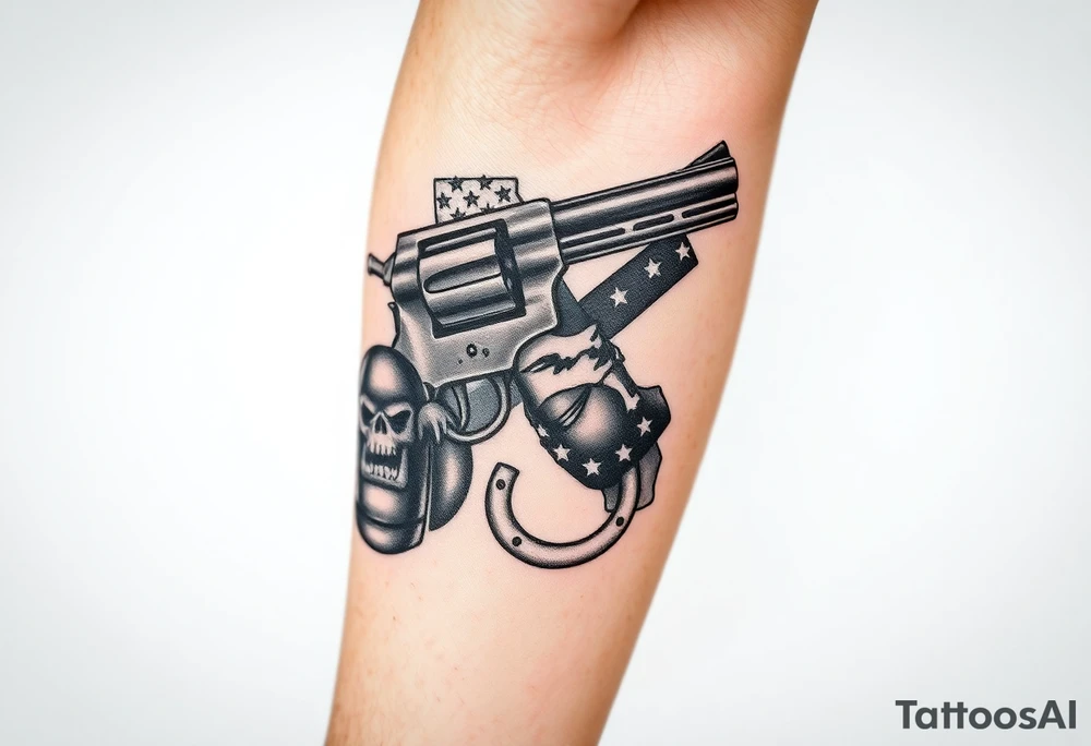 Revolver, American flag, state of florida, grenade, horseshoe, bulldog and blended into a half forearm sleeve tattoo idea