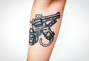 Revolver, American flag, state of florida, grenade, horseshoe, bulldog and blended into a half forearm sleeve tattoo idea