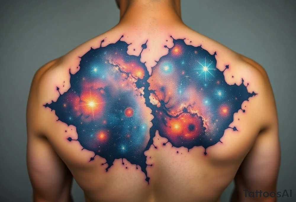 Beautiful and epic 3d milky way that appears to be what is beneath the skin. Make it drape over the shoulder and move to the middle back. use negative spaces to create stars and dust. Incorporate God breathing life into the universe. IKeep it symmetrical tattoo idea