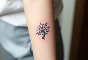 Fibonacci spiral shell inside of tree with little leaves tattoo idea