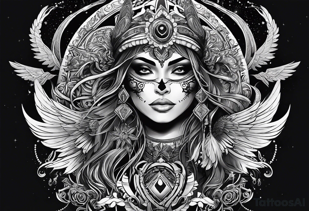 kali, goddess pirate, pachamama, valkrye, warrior, skull, lotus azul, wing, eagle, zenza resonance, stars tattoo idea