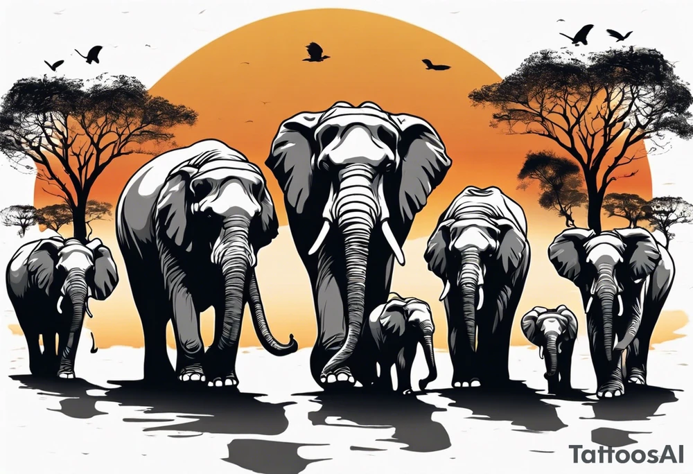 family of 6 elephants walking into sunset after one of them has died tattoo idea