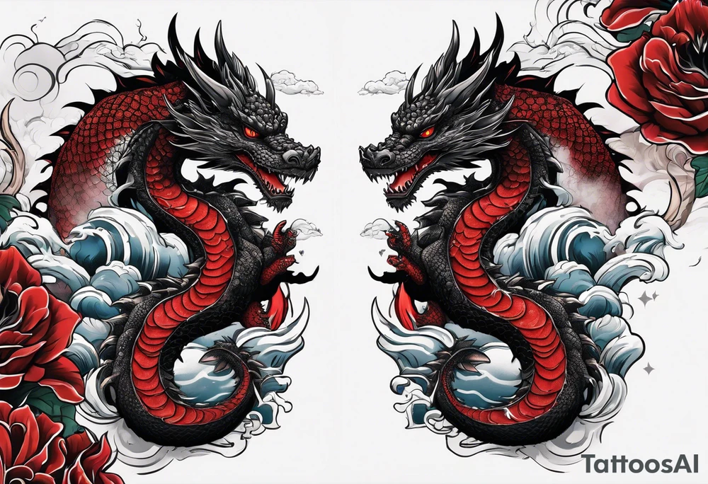godzilla inspired dragon irezumi arm sleeve in black and red with water and lightning tattoo idea